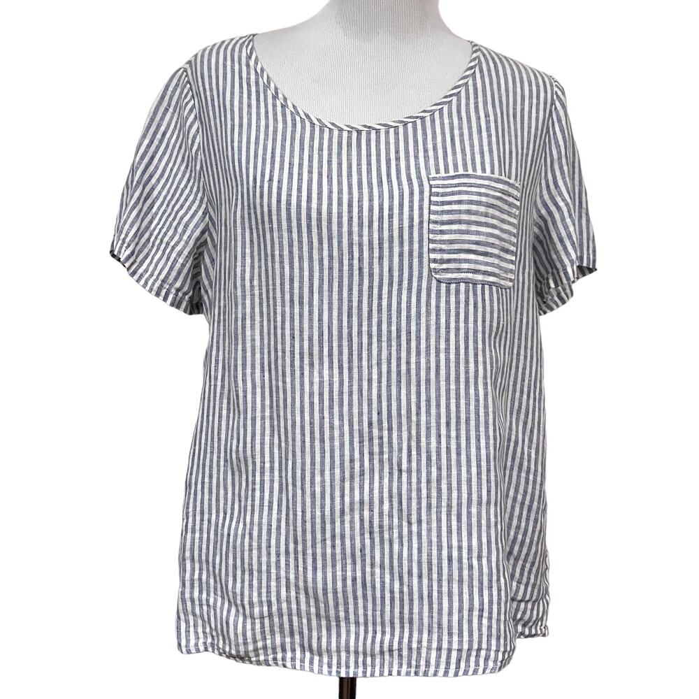Christian Siriano 100% Linen Top Blue White Striped Short Sleeve Women’s Size M